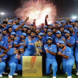 Team India in blue uniforms, joyously celebrating their World Cup victory on a crowded cricket field, trophy held high under vibrant fireworks.