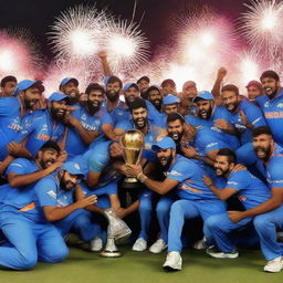 Team India in blue uniforms, joyously celebrating their World Cup victory on a crowded cricket field, trophy held high under vibrant fireworks.