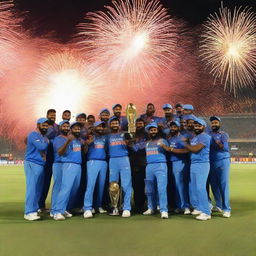 Team India in blue uniforms, joyously celebrating their World Cup victory on a crowded cricket field, trophy held high under vibrant fireworks.