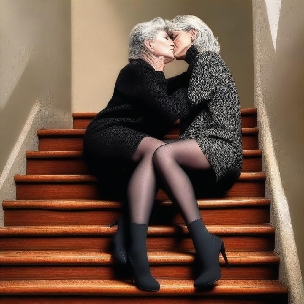 An ultra-realistic digital art piece depicts two women in their 50s sitting on stairs