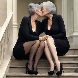An ultra-realistic digital art piece depicts two women in their 50s sitting on stairs