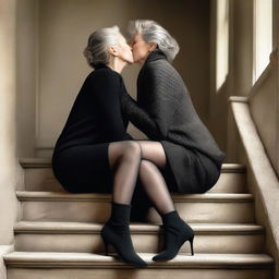 An ultra-realistic digital art piece depicts two women in their 50s sitting on stairs