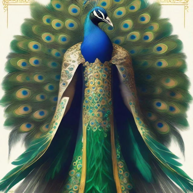 Personification of ego as a human figure: tall, imposing with a polished appearance, expressive eyes reflecting self-importance, cloak of peacock feathers symbolizing pride.