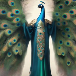 Personification of ego as a human figure: tall, imposing with a polished appearance, expressive eyes reflecting self-importance, cloak of peacock feathers symbolizing pride.