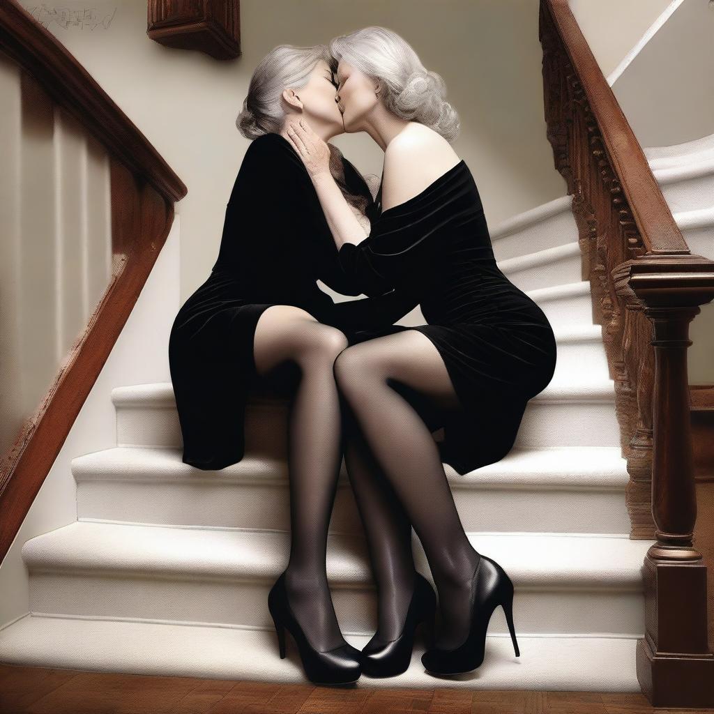 An ultra-realistic digital art piece featuring two women in their 50s, sitting on stairs engaged in a passionate kiss and touching each other's legs