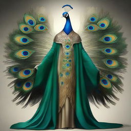 Personification of ego as a human figure: tall, imposing with a polished appearance, expressive eyes reflecting self-importance, cloak of peacock feathers symbolizing pride.