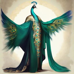 Personification of ego as a human figure: tall, imposing with a polished appearance, expressive eyes reflecting self-importance, cloak of peacock feathers symbolizing pride.