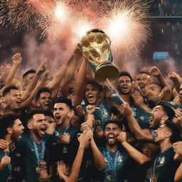 A thrilling scene showing the jubilant 2026 FIFA World Cup-winning football team, holding up the gleaming trophy amidst ecstatic crowds and dazzling fireworks