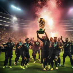 A thrilling scene showing the jubilant 2026 FIFA World Cup-winning football team, holding up the gleaming trophy amidst ecstatic crowds and dazzling fireworks