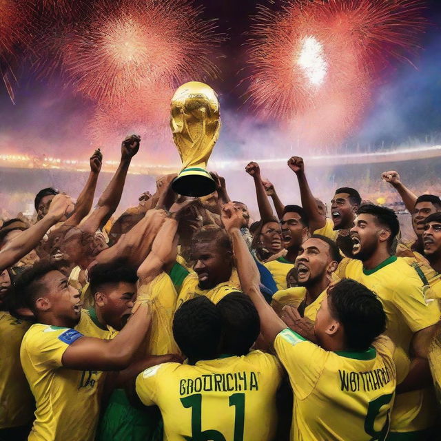 A thrilling scene showing the jubilant 2026 FIFA World Cup-winning football team, holding up the gleaming trophy amidst ecstatic crowds and dazzling fireworks