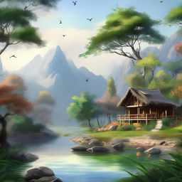 Render an imaginative landscape, drawing on elements of serenity and natural beauty to craft a unique and breathtaking scene.