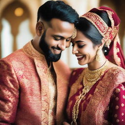 A man and a woman who are best friends, dressed in traditional Indian wedding attire, sharing a joyful moment together.