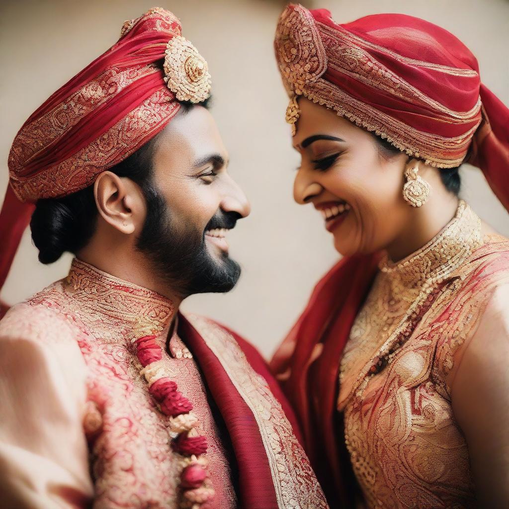 A man and a woman who are best friends, dressed in traditional Indian wedding attire, sharing a joyful moment together.