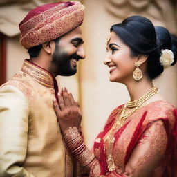 A man and a woman who are best friends, dressed in traditional Indian wedding attire, sharing a joyful moment together.