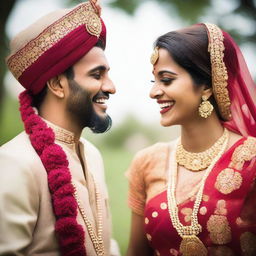 A man and a woman who are best friends, dressed in traditional Indian wedding attire, sharing a joyful moment together.