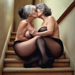 This ultra-realistic digital art piece depicts two women in their 50s sitting on stairs
