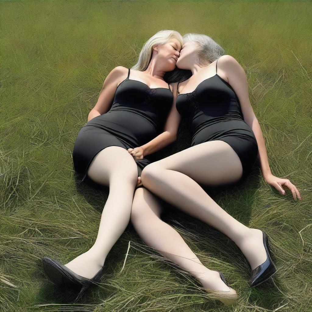 An ultra-realistic digital art piece featuring two women in their 50s lying in the grass, sharing a kiss and touching legs