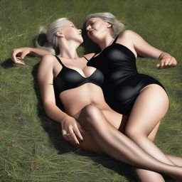 An ultra-realistic digital art piece featuring two women in their 50s lying in the grass, sharing a kiss and touching legs