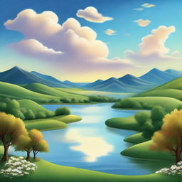 Generate a unique and creative landscape with rolling hills, a tranquil lake, lush trees, a radiant setting sun and a clear, blue sky with fluffy cumulus clouds.