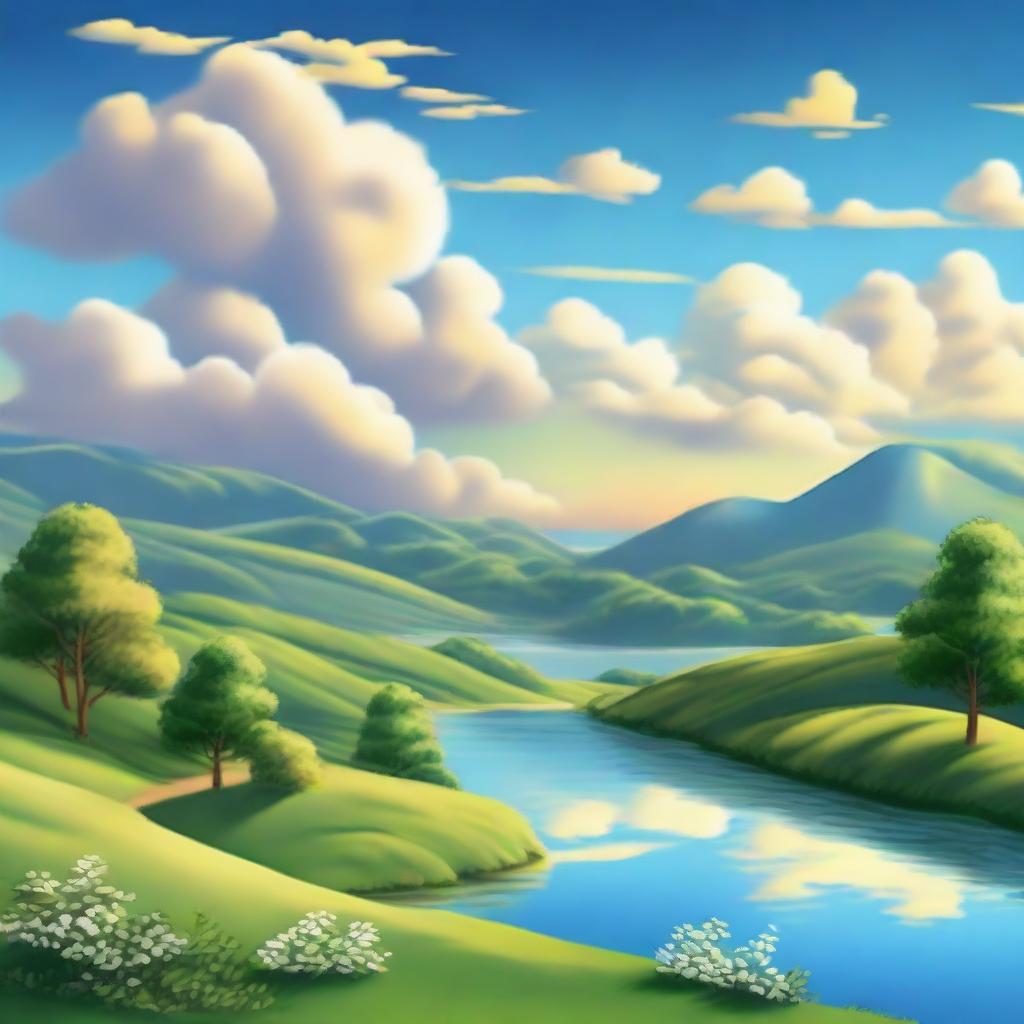 Generate a unique and creative landscape with rolling hills, a tranquil lake, lush trees, a radiant setting sun and a clear, blue sky with fluffy cumulus clouds.