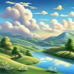 Generate a unique and creative landscape with rolling hills, a tranquil lake, lush trees, a radiant setting sun and a clear, blue sky with fluffy cumulus clouds.