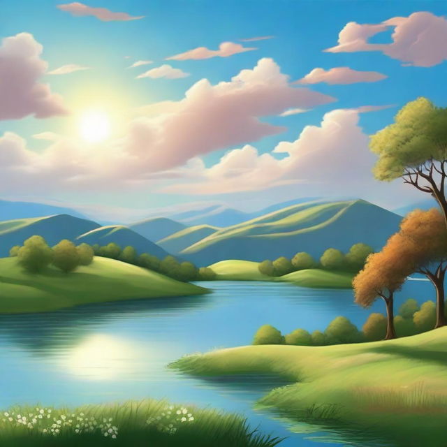 Generate a unique and creative landscape with rolling hills, a tranquil lake, lush trees, a radiant setting sun and a clear, blue sky with fluffy cumulus clouds.