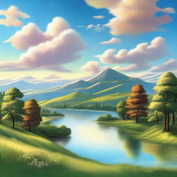 Generate a unique and creative landscape with rolling hills, a tranquil lake, lush trees, a radiant setting sun and a clear, blue sky with fluffy cumulus clouds.