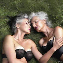 This is an ultra-realistic digital art piece that depicts two women in their 50s lying in the grass