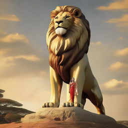 Personification of Pride: a dignified figure standing tall with a majestic lion by their side, head held high, eyes gleaming with self-satisfaction and strength.