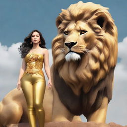 Personification of Pride: a dignified figure standing tall with a majestic lion by their side, head held high, eyes gleaming with self-satisfaction and strength.