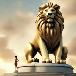 Personification of Pride: a dignified figure standing tall with a majestic lion by their side, head held high, eyes gleaming with self-satisfaction and strength.