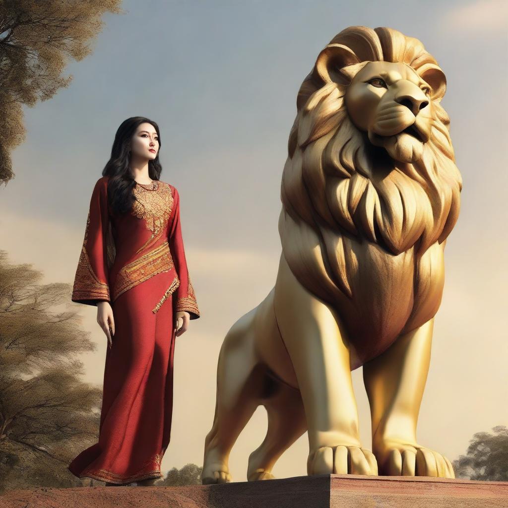 Personification of Pride: a dignified figure standing tall with a majestic lion by their side, head held high, eyes gleaming with self-satisfaction and strength.