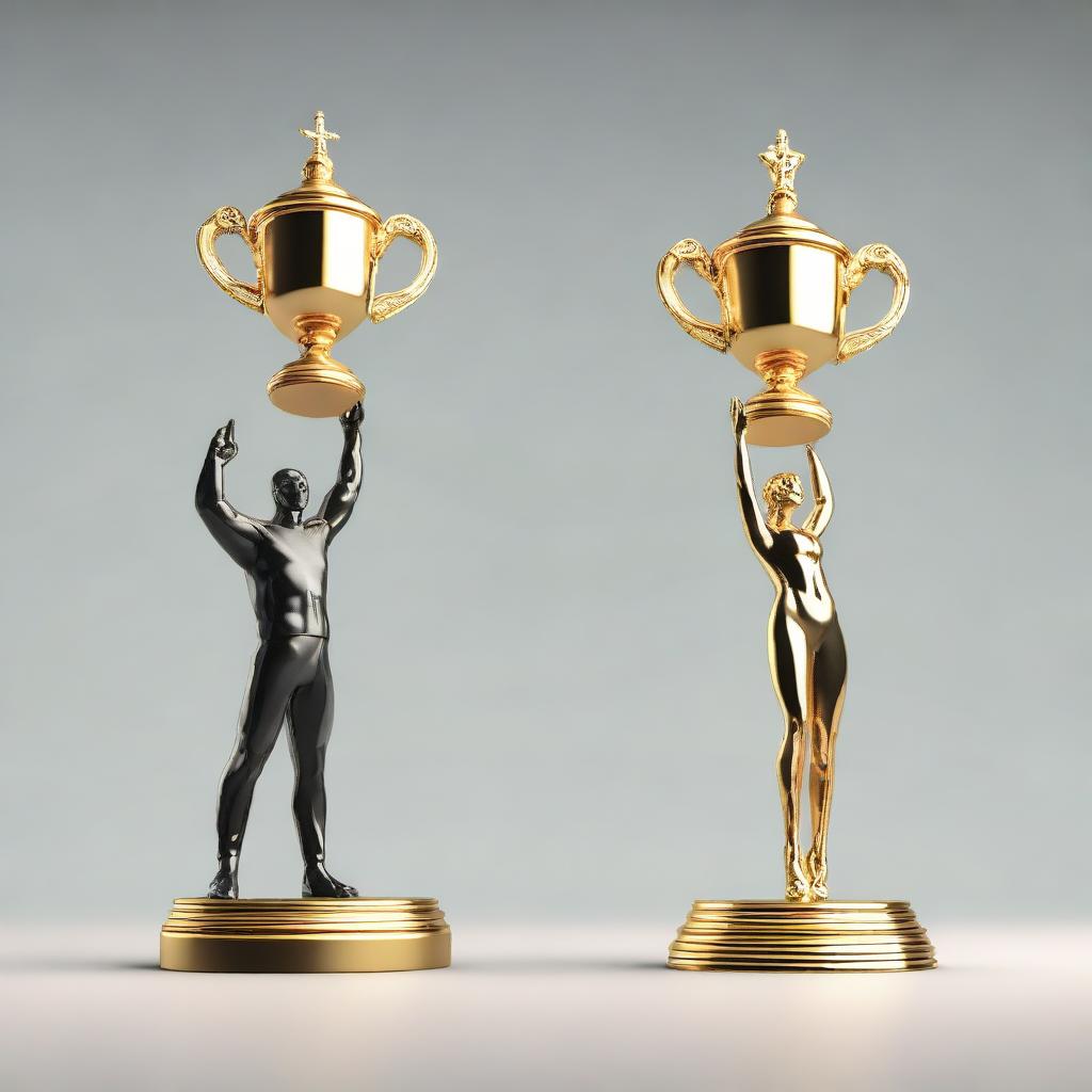 Two figures side by side: the competitor, determined, focused, ready to take on the challenge; and the winner, jubilant and victorious, holding a shining gold trophy.