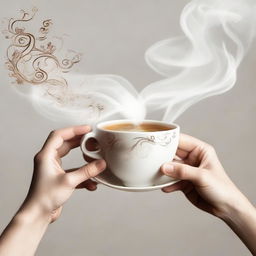 Two hands each holding a steaming cup, one filled with aromatic tea, the other with rich coffee. Savoring the moment, steam rising in beautiful swirls.