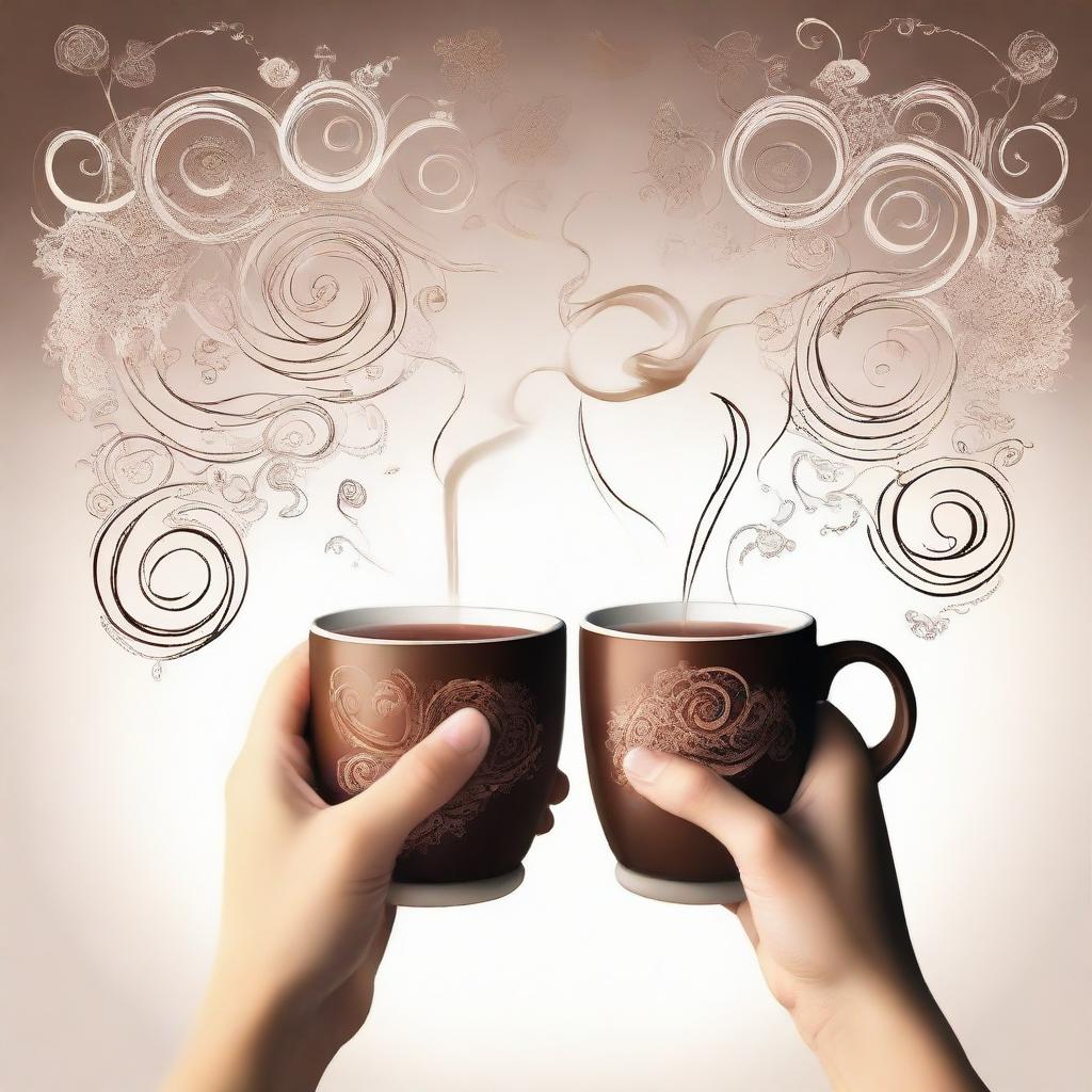 Two hands each holding a steaming cup, one filled with aromatic tea, the other with rich coffee. Savoring the moment, steam rising in beautiful swirls.