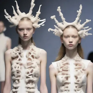 The designer incorporated the concept of osteophytes into the fashion show by using bone-like accessories.