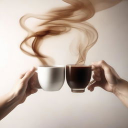 Two hands each holding a steaming cup, one filled with aromatic tea, the other with rich coffee. Savoring the moment, steam rising in beautiful swirls.