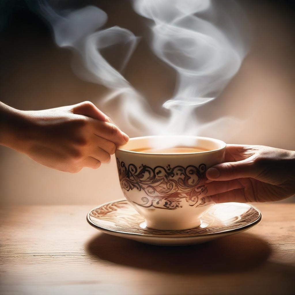 Two hands each holding a steaming cup, one filled with aromatic tea, the other with rich coffee. Savoring the moment, steam rising in beautiful swirls.