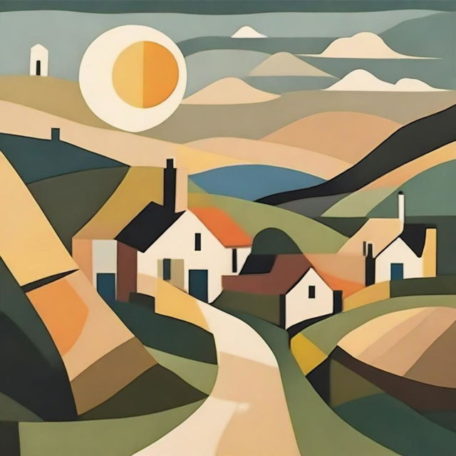 Create an abstract, cubist representation of a peaceful evening in a Yorkshire village, with geometric shapes representing thatched cottages, rolling hills and the evening sun setting in the background.