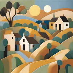 Create an abstract, cubist representation of a peaceful evening in a Yorkshire village, with geometric shapes representing thatched cottages, rolling hills and the evening sun setting in the background.