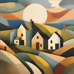 Create an abstract, cubist representation of a peaceful evening in a Yorkshire village, with geometric shapes representing thatched cottages, rolling hills and the evening sun setting in the background.