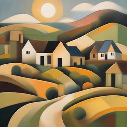 Create an abstract, cubist representation of a peaceful evening in a Yorkshire village, with geometric shapes representing thatched cottages, rolling hills and the evening sun setting in the background.