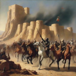 A dramatic historical scene depicting the Siege of Khaybar, with Arab warriors on horseback surrounding the fortress under a brooding desert sky