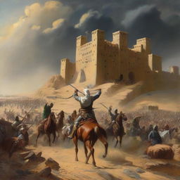 A dramatic historical scene depicting the Siege of Khaybar, with Arab warriors on horseback surrounding the fortress under a brooding desert sky