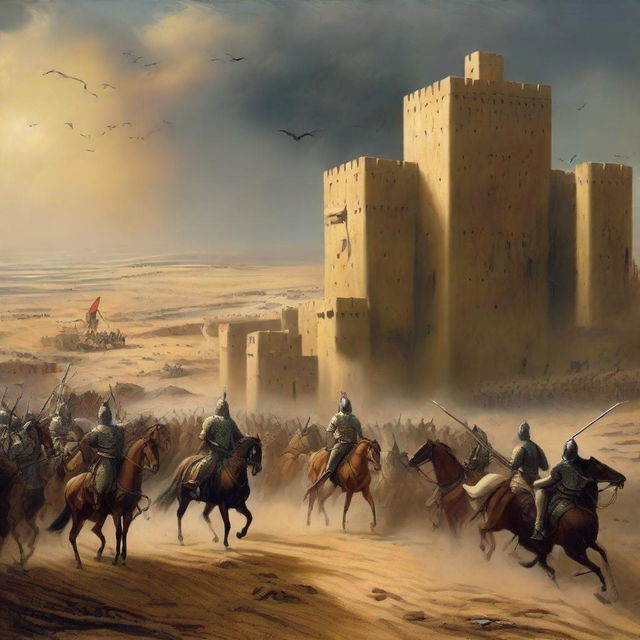 A dramatic historical scene depicting the Siege of Khaybar, with Arab warriors on horseback surrounding the fortress under a brooding desert sky