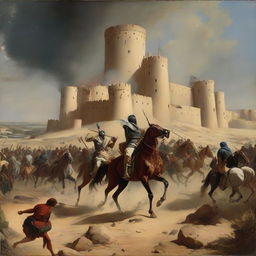 A dramatic historical scene depicting the Siege of Khaybar, with Arab warriors on horseback surrounding the fortress under a brooding desert sky