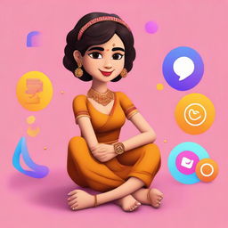 3D illustration of a cute girl with short hair, wearing a saree, bindi, heels, bangles, and a watch, sitting casually atop an Instagram logo. The background is a social media profile page named 'Tsunami23' with a matching profile picture.