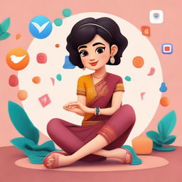 3D illustration of a cute girl with short hair, wearing a saree, bindi, heels, bangles, and a watch, sitting casually atop an Instagram logo. The background is a social media profile page named 'Tsunami23' with a matching profile picture.