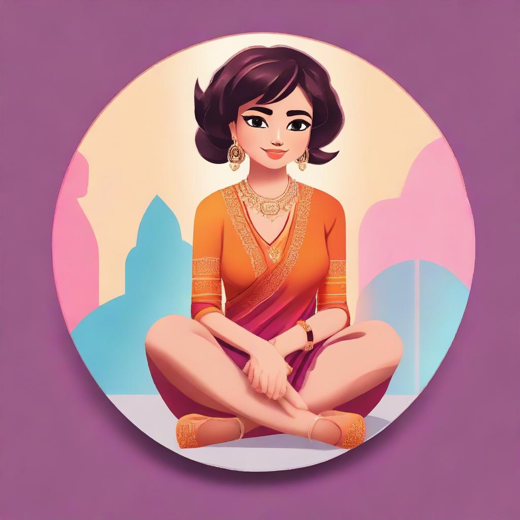 3D illustration of a cute girl with short hair, wearing a saree, bindi, heels, bangles, and a watch, sitting casually atop an Instagram logo. The background is a social media profile page named 'Tsunami23' with a matching profile picture.