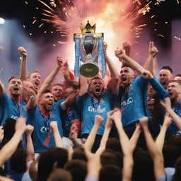 An exuberant celebration scene showing the ecstatic English Premier League-winning football team of 2024, holding up the trophy amidst roaring crowds and dazzling fireworks